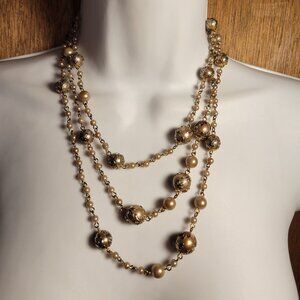 Vintage Faux Ivory Pearl, Brown Pearl Irridescent 3-Strand Necklace, Bridal,